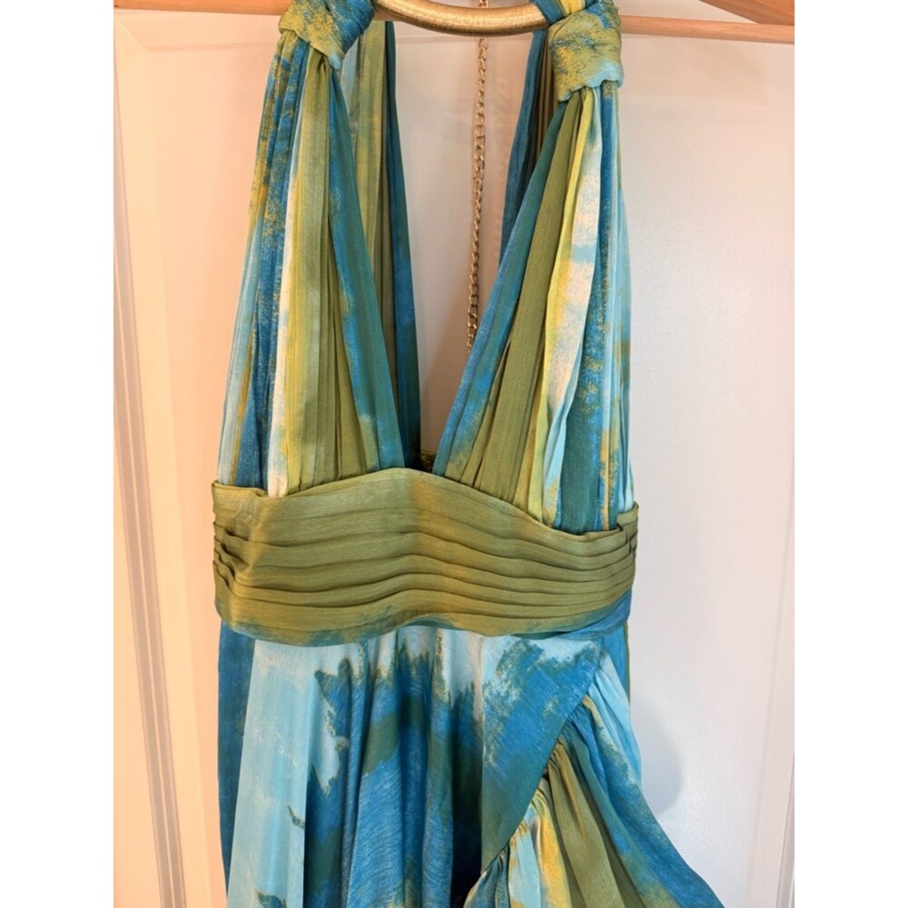 Bronx Banco Palma Coastal Gown Teal & Lime Halter High-Low Ruffle Maxi Dress - Picture 10 of 16